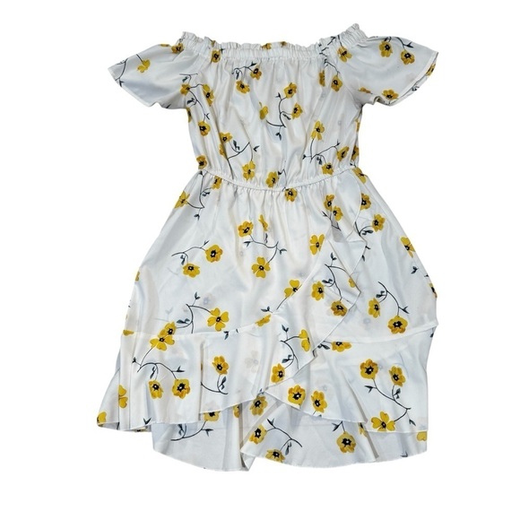 Blush Dresses & Skirts - Blush white yellow & blue floral off the shoulder mini dress, faux wrap, M.